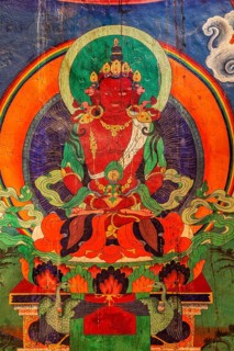 LEH, INDIA, SEPTEMBER 4, 2011: Wall paintings of Buddha in Tsemo gompa Buddhist monastery. Leh,