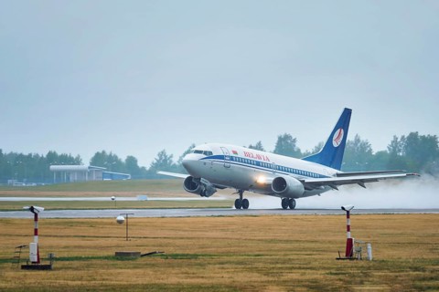 MINSK, BELARUS, JUNE 15, 2018: Belavia belarusian airlines flight Boeing 737-500 plane taking off