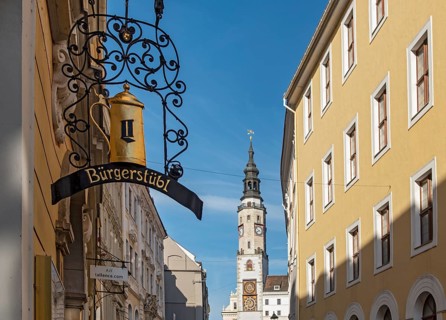 Old Town Hall Clock Tower seen from Neißstraße, Neissstrasse, Görlitz, Goerlitz, Germany, Europe