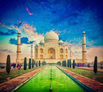 Vintage retro effect filtered hipster style image of Taj Mahal on sunrise sunset, Indian Symbol,