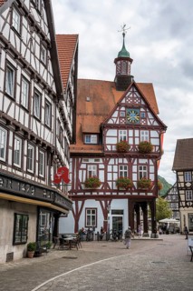 Town hall and half-timbered houses on the market square of Bad Urach, Reutlingen district,