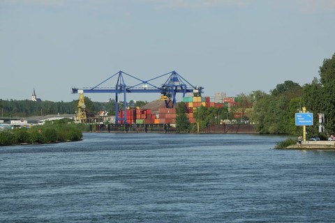 Main-Danube waterway and mouth of the Main into the Rhine at Gustavsburg with industrial port and