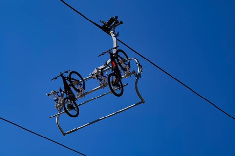 T-bar lift, chairlift, with special holder for a mountain bike, Sella Pass, Selva di Val Gardena,