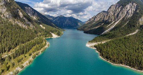 Aerial view of Plansee, Reutte, Ammergau Alps, Tyrol Austria, Plansee, Tyrol, Austria, Europe