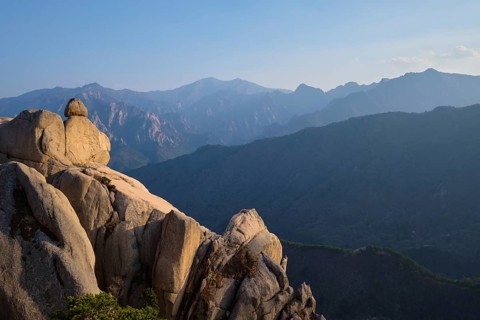 View of stones and rock formations from Ulsanbawi rock peak on sunset. Seoraksan National Park,