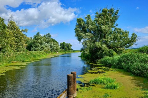 Picturesque river landscape, view from the heritage-protected wooden bascule bridge over the Trebel