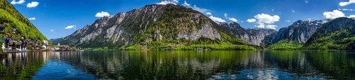 Austrian tourist destination, panorama of Hallstatt village and Hallstatter See mountain lake in