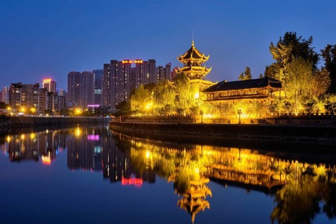 Wangjiang Pavilion Park (Wangjianglou Park) view over Jinjiang River, Chengdu, Sichuan, China