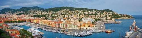 Panorama of Old Port of Nice with luxury yacht boats from Castle Hill, France,