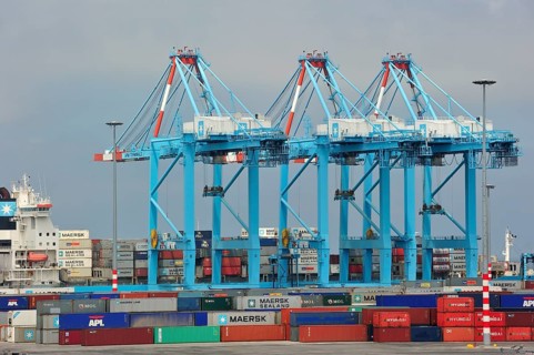 Container terminal cranes in the port of Zeebrugge, Belgium, Europe
