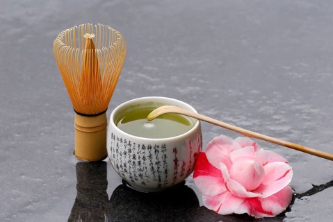 Japanese Matcha tea, 'Chasen' bamboo broom, bamboo spoon and camellia flower, green tea, camellia,