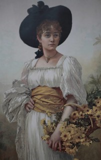 Young woman in Sunday dress, with hat and a basket of flowers. Colour print as art supplement Zur