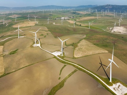 Windmills on a wind farm near Zahara de los Atunes, aerial view, drone shot, Cádiz province,