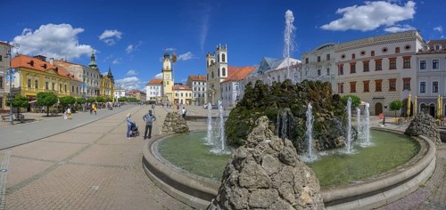 Fountain on the main square behind the clock tower, Banská Bystrica, Banskobystrický kraj,