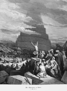 Bible, Tower of Babel, Genesis, 11, 4, crowd, construction, round tower, Babylon, confusion of