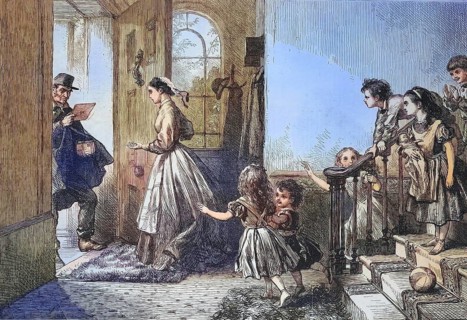The arrival of the postman at the chateau, the family impatiently awaits a letter, 1869, France,