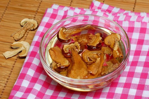 Porcini mushrooms, dried, soaked in water, boletus, King bolete (Boletus edulis)