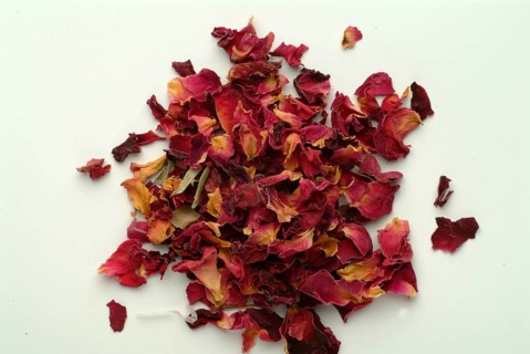 Dried petals of the medicinal plant rose, fragrant rose, Rosa gallica officinalis, The rose is also