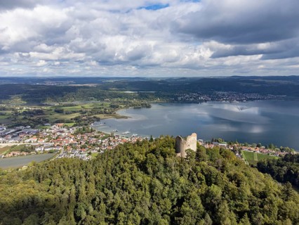 Aerial view of Lake Constance with the ruins of Altbodman with the village of Bodman-Ludwigshafen,
