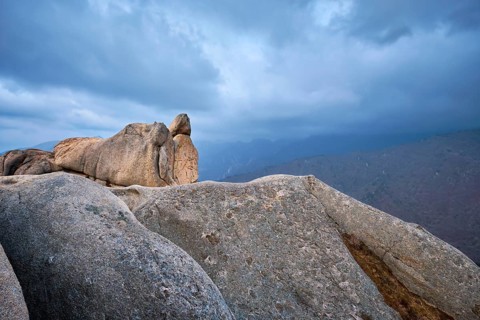 View of stone and rock formations from Ulsanbawi rock peak in stormy weather. Seoraksan National