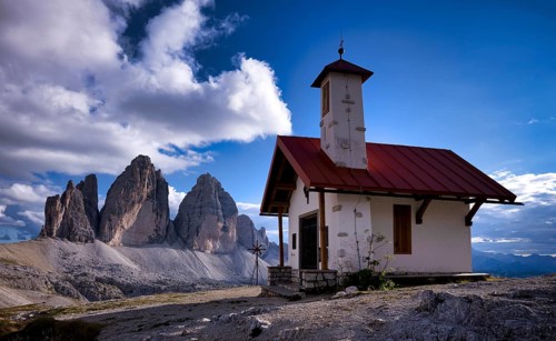 View of chapel at Dreizinnenhütte, Three Peaks, South Tyrol, Trentino, Sesto Dolomites, Italy,