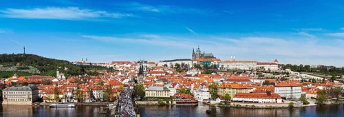Panorama of Prague: Mala Strana, Charles bridge and Prague castle from Old Town bridge tower over