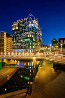 ZAANDAM, NETHERLANDS, MAY 8, 2017: Inntel Hotel in Zaandam illuminated at night. Design of