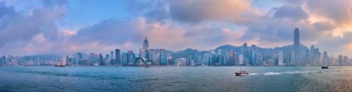 HONG KONG, CHINA, APRIL 28, 2018: Panorama of Hong Kong skyline cityscape downtown skyscrapers over