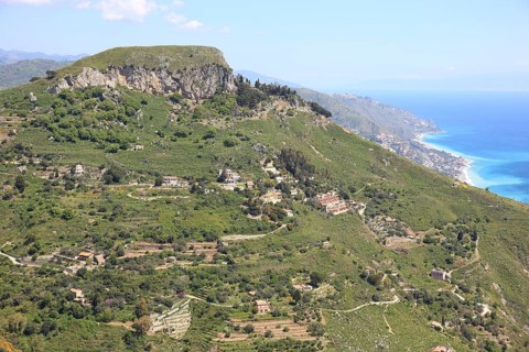 View from the village of Castelmola near Taormina into the mountainous landscape, Sicily, Italy,
