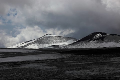Volcanic landscape at the secondary crater of Etna, Etna, Etna with snow, Sicily, Italy, Europe