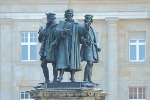 Monument to Johannes Gutenberg 1400-1468, three, figures, book, Roßmarkt, city centre, Main,