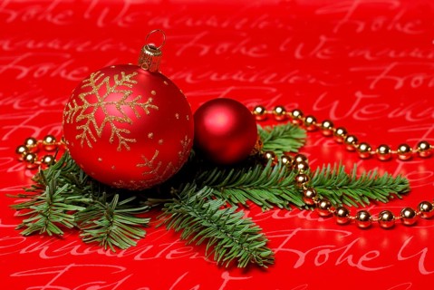 Christmas baubles and fir branch, Christmas decoration, Christmas tree decorations, fir greenery