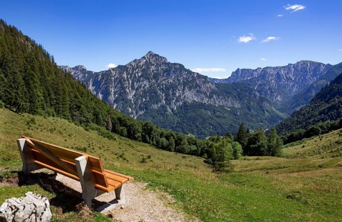 View from the Niedergadenalm into the Weissenbachtal with Rinnkogel, Osterhorngruppe,