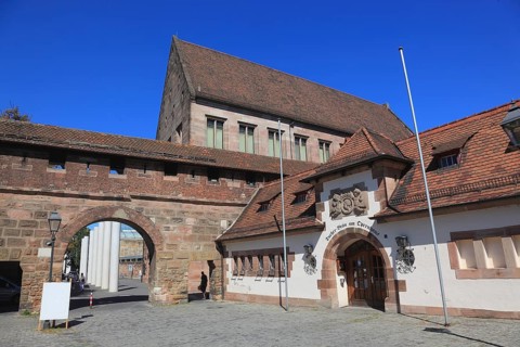 In the historic centre of Nuremberg, view through the Carthusian Gate to the Street of Human