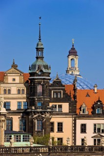 Dresden old town, view from the Zwinger to the Residenzschloss with the transparent dome of the
