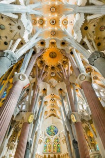 Interior view of the Familia Sagrada by the architect Antonio Gaudi in Barcelona, Spain, Europe
