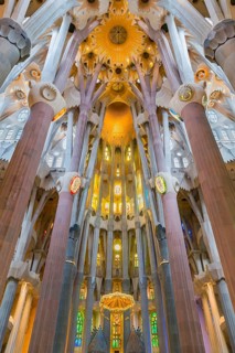 Interior view of the Familia Sagrada by the architect Antonio Gaudi in Barcelona, Spain, Europe