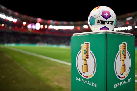 Adidas Derbystar match ball on podium, logo, DFB Cup, MHPArena, MHP Arena Stuttgart,