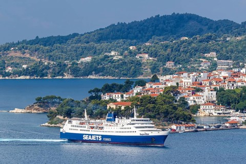 Seajets ferry in the sea off the Mediterranean island of Skiathos, Greece, Europe