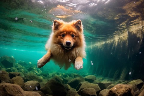 German Spitz diving in a river, AI Generated