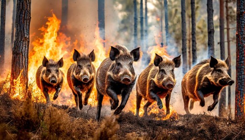 Climate change, global warming, environmental catastrophe, a herd of wild boars flees in great