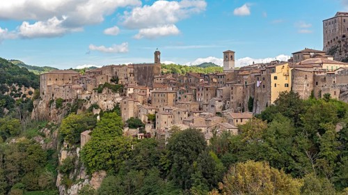 Panoramic view of medieval hill town of Sorano, Tuscany, Italy, Europe