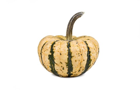 Sweet Dumpling Squash with green stripes on white background