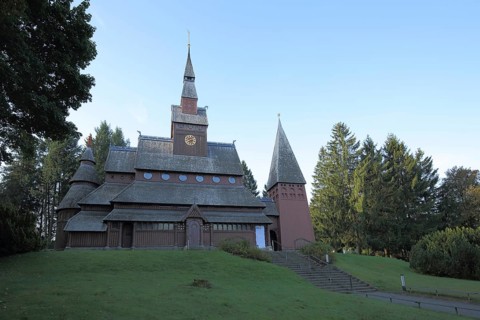 Gustav-Adolf-Stabkirche built 1908 in Hahnenklee, wooden church, Harz Mountains, Lower Saxony,