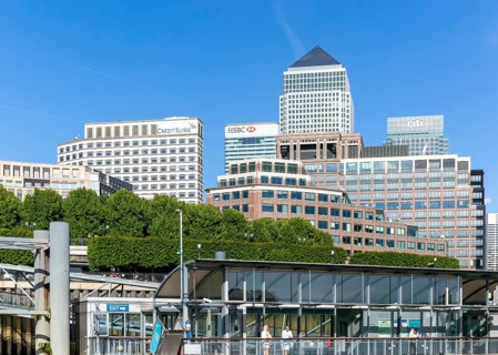 High rise office blocks of banks and financial companies, Canary Wharf, Docklands, London, England,