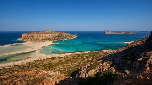 Lagoon, wide angle panorama, Tigani Island, Gramvoussa Island, Pontikos Island, Agria Gramvoussa