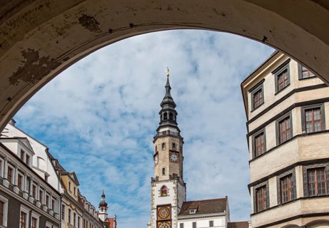 Old Town Hall Clock Tower and Lower Market Square, Untermarkt, Görlitz, Goerlitz, Germany, Europe