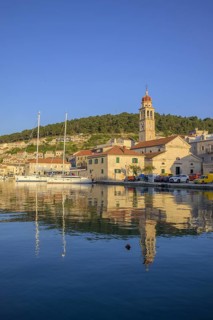 Church of St. Jerome of Stridon and sailing boats, Pucišca, Split-Dalmatia County, Croatia, Europe