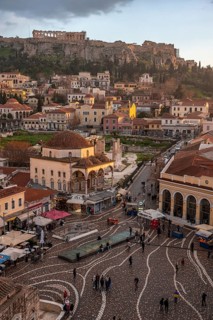 View over the old town of Athens, with Tzisdarakis Mosque and Acropolis, Monastiraki Square, in the
