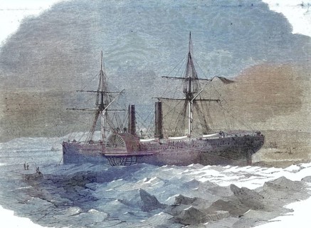 Steamboat trapped in ice on the coast of Denmark, 1869, Historic, digitally restored reproduction